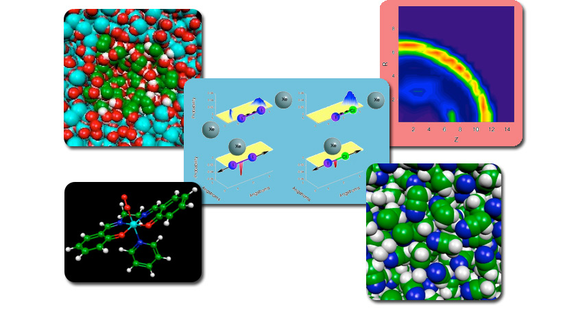 Theoretical Chemical Dynamics of Liquids, Interfaces, and Nanostructured Materials. Upper left - light blue, red, green and white spheres. Upper right - blue background with yellow and orange rainbow structure. Middle - grey spheres split between yellow paper-like graph. Bottom left - red, green, blue, and white hexagon structures. Bottom right - Blue, green and white spheres.