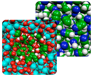 Diverse atoms shown as a combination of light blue, red, green and white spheres.